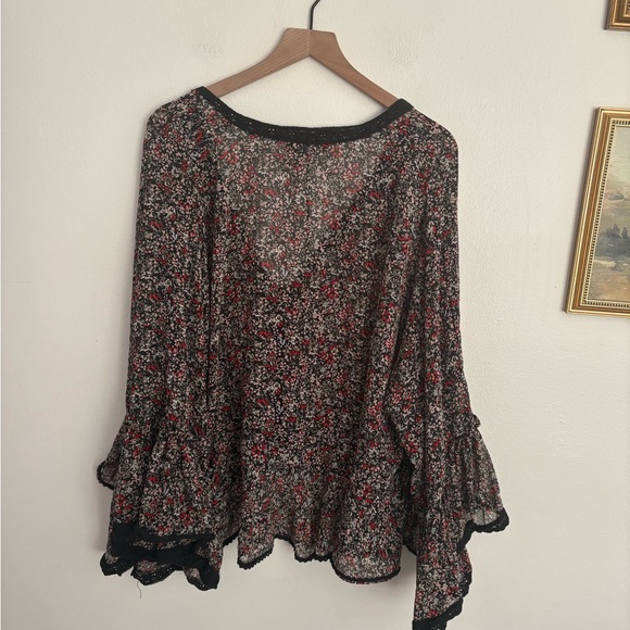 Free People Floral Tie-Front Bell Sleeve Kimono Blouse Women’s Small Boho Chic - Picture 7 of 7